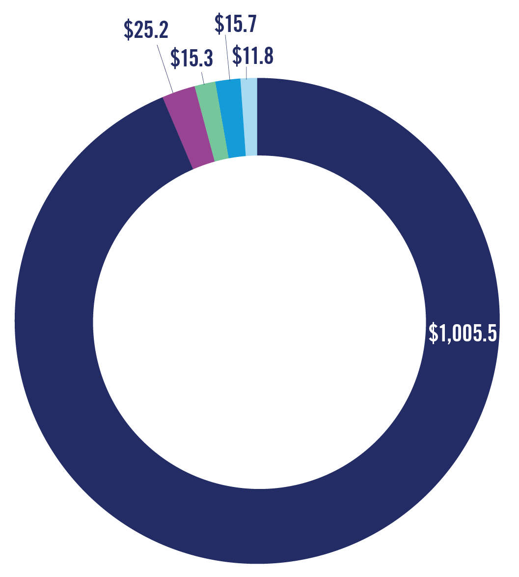 pie chart showing sources of revenue. Pie pieces are labeled: $1,005.5, 25.2, 15.3, 15.7, 11.8
