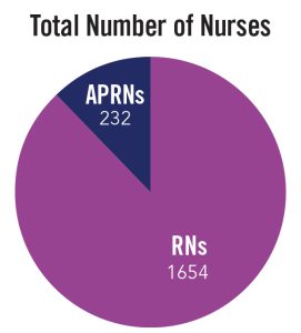 Total number of nurses. Pie chart, showing a small slice for 232 APRNs and a large slice for 1654 RNs.
