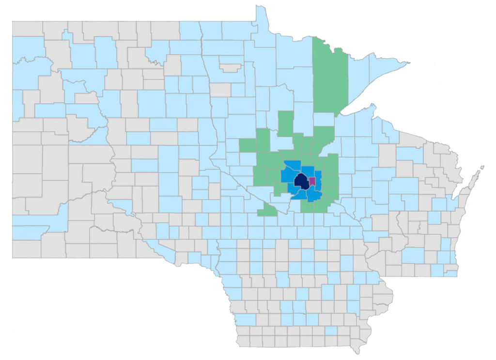 A map of the upper Midwest states with counties highlighted in different colors. The counties around the Twin Cities have higher visits to Children's Minnesota.