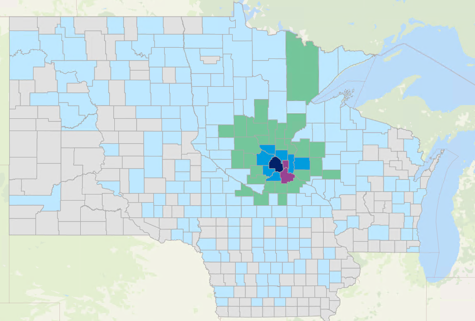 Map of North Dakota, South Dakota, Minnesota, Iowa and Wisconsin by county. The counties with the highest patient density are in and surrounding the Twin Cities.