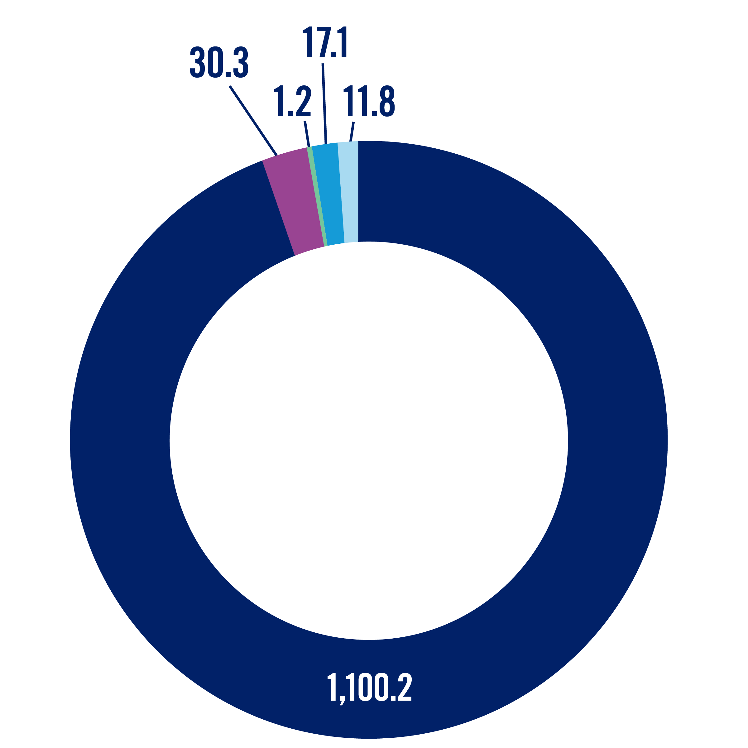 pie chart of sources of revenue with slices: 1,100.2 ; 30.3; 1.2; 17.1; 11.8.