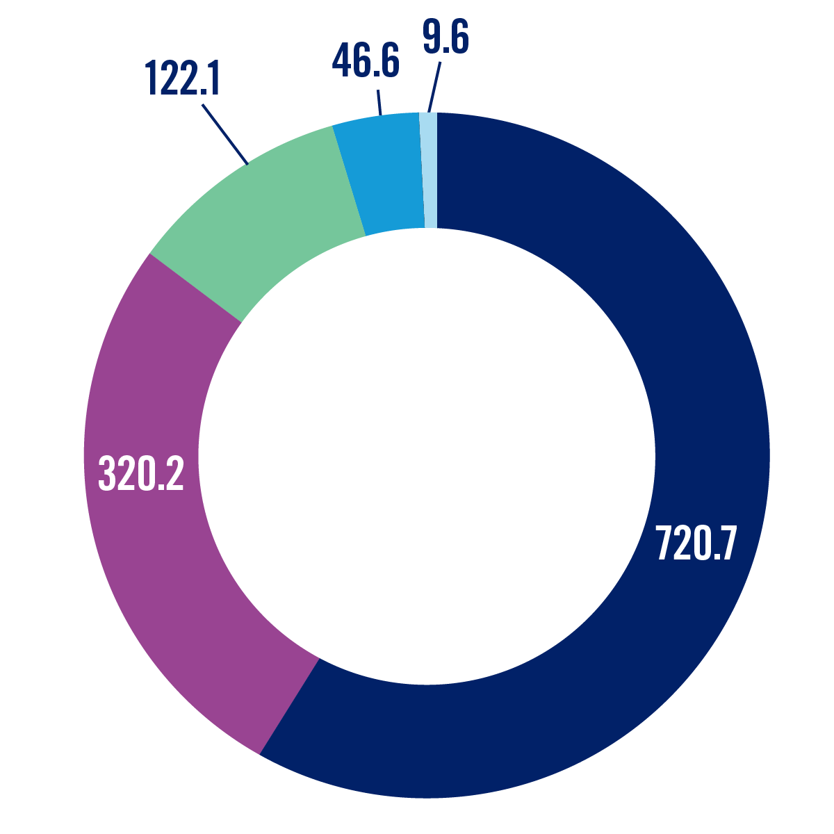 pie chart representing the uses of revenue as noted in the table.