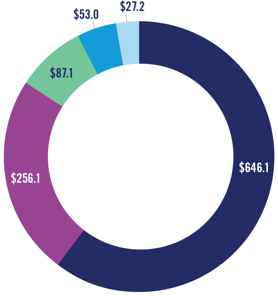 pie chart showing sources of revenue. Pie pieces are labeled: $1,005.5, 25.2, 15.3, 15.7, 11.8