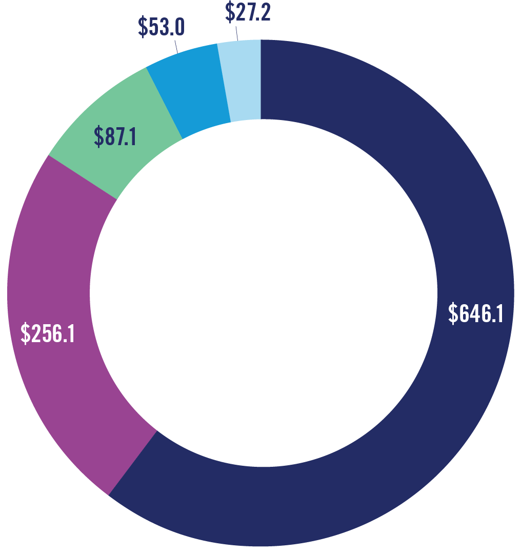 Pie Chart showing uses of revenue. Pieces are labeled as: $646.1, 256.1, 87.1, 53.0, 27.2