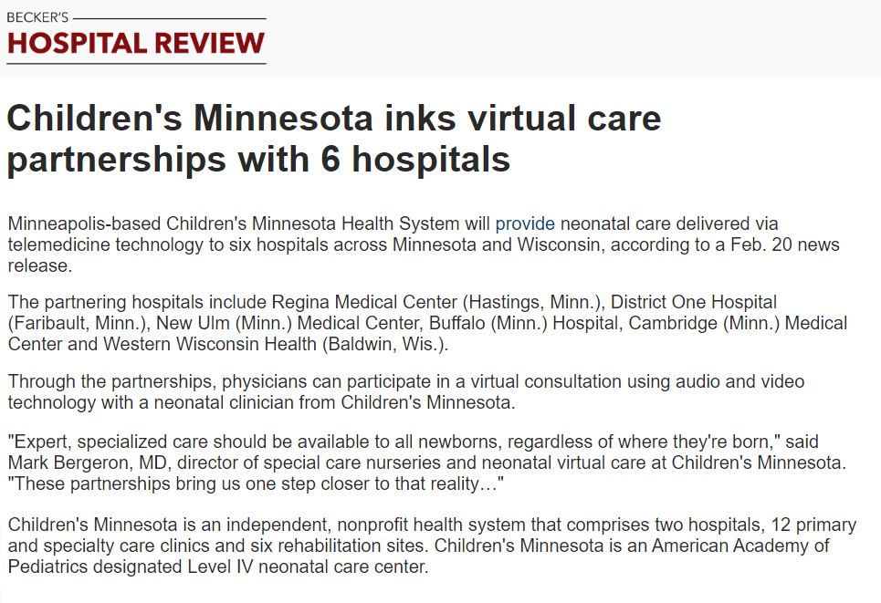 Children's Minnesota starts neonatal virtual care partnership