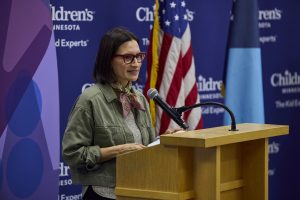 Minnesota Lieutenant Governor Peggy Flanagan speaking at Children's Minnesota's Beyond the Yellow Ribbon proclamation ceremony.