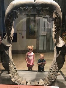 A young blond girl and boy stand in the open jaw of a shark