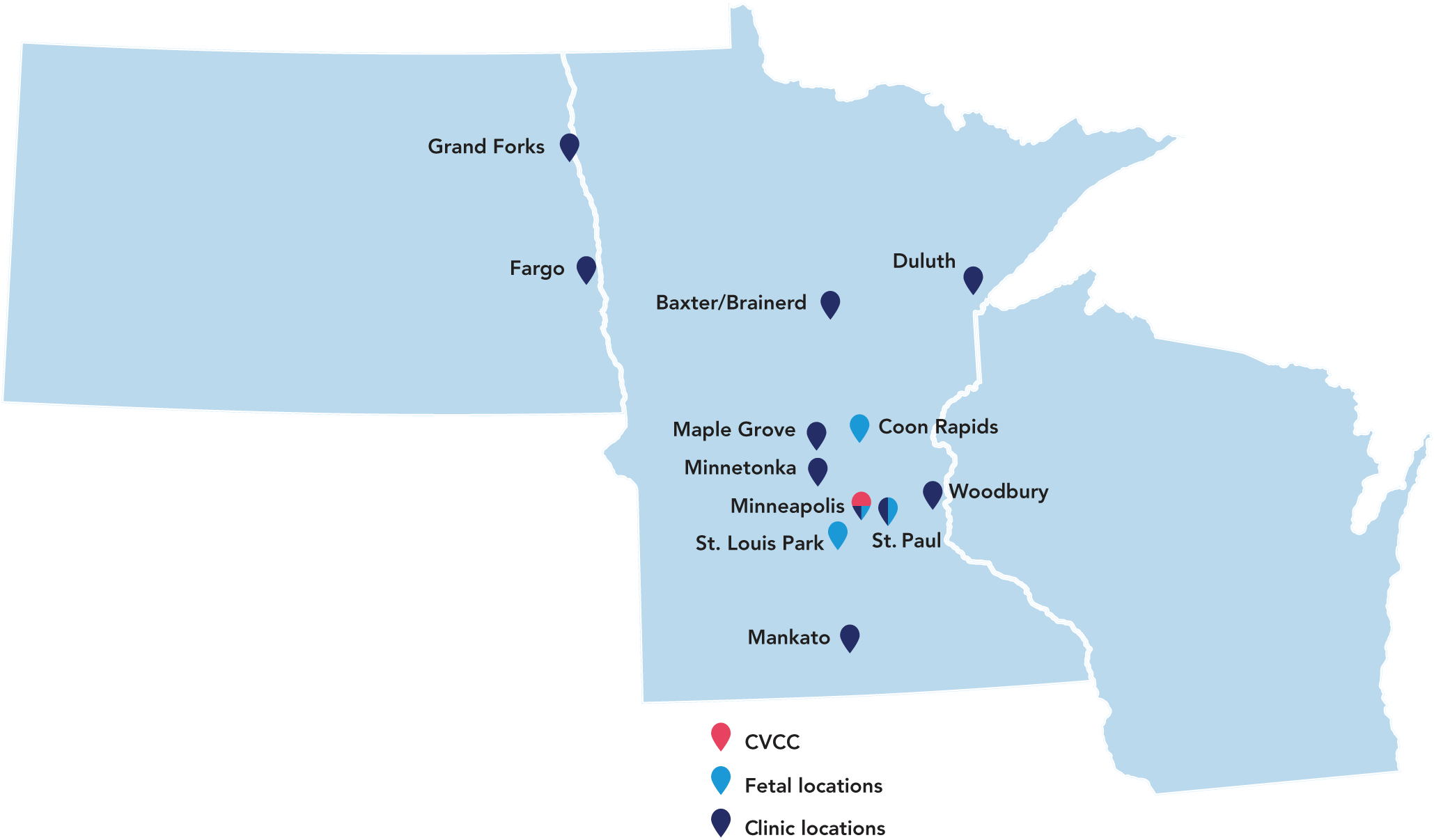 map showing Cardiovascular clinic locations across North Dakota, Minnesota and Wisconsin.