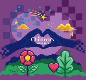 Art by Alan Turman, showing two hands making a heart shape around the Children's Minnesota logo