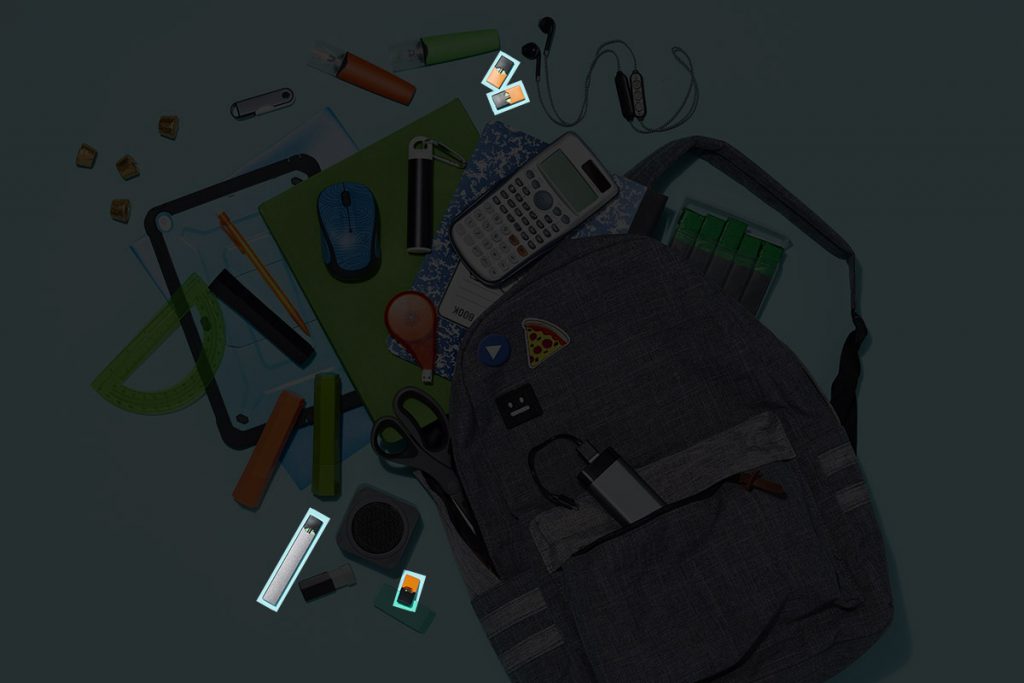 Backpack full of supplies, knick knacks, and a vape that's been highlighted