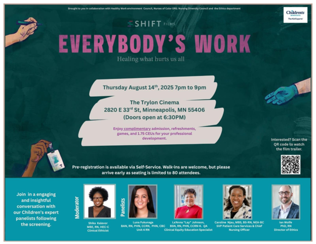 Everybody's Work flyer showing time, date as well as panelists of event