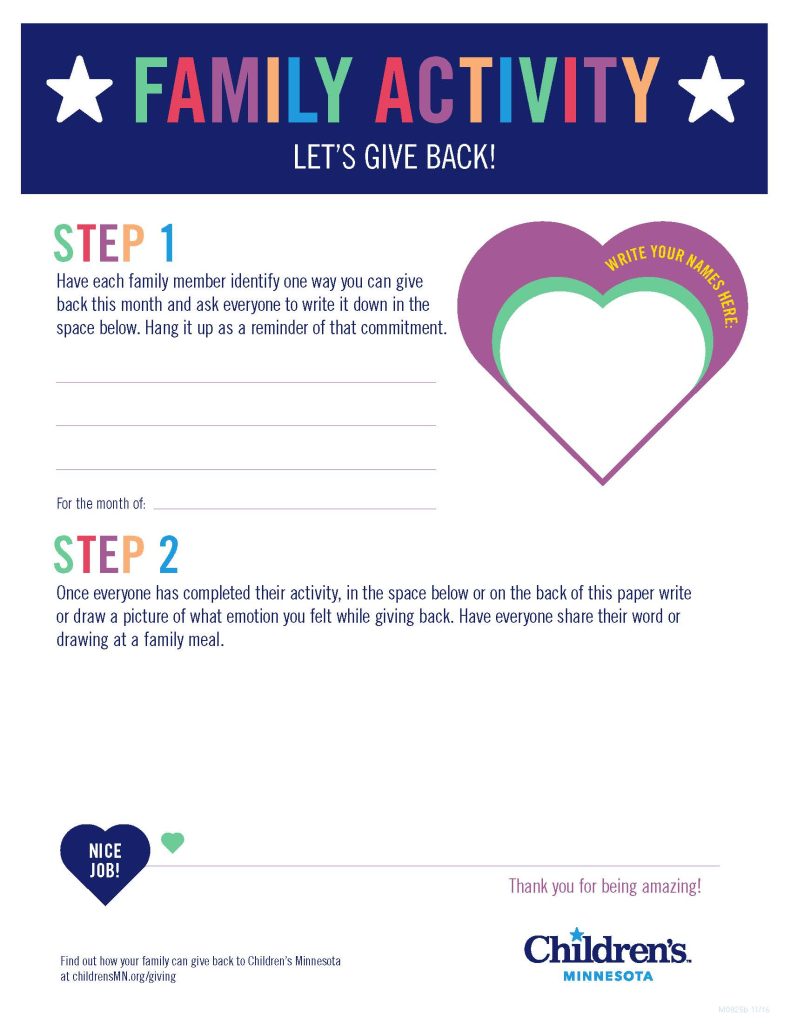 Family Activity Let's Give Back! Step 1 and Step 2 tasks to complete, heart illustration