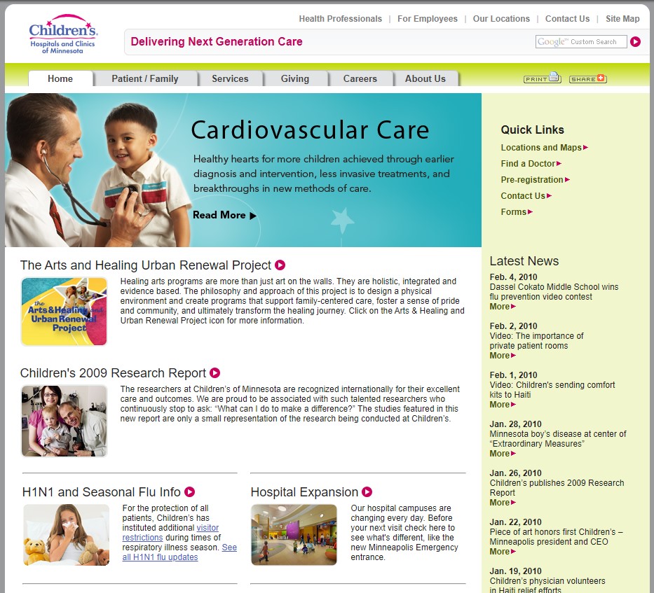 The homepage of the Children's Minnesota website in 2010.