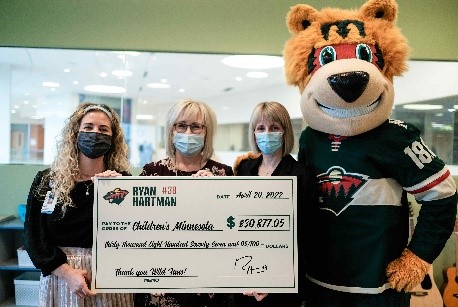 Three women wearing masks and Nordy, the mascot from the MN Wild hockey team stand holding a big check. It's made out to Children's Minnesota.