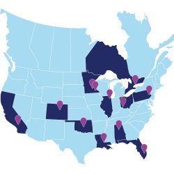 a map of the U.S. and Canada that depicts the consortium of hospitals. Icons are in California, Colorado, Oklahoma, Louisiana, Minnesota, Illinois, Alabama, Florida, Ohio, Pennsylvania and Ontario.