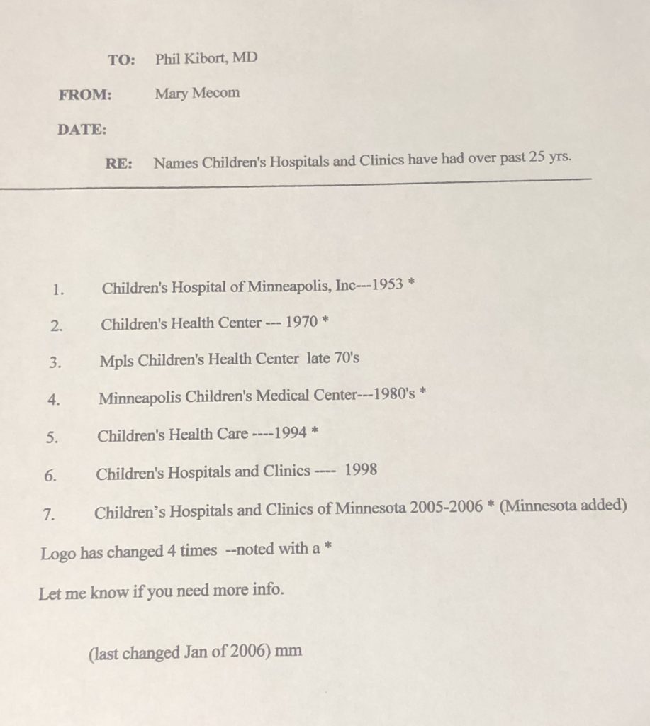 Internal document showing name changes through the years.