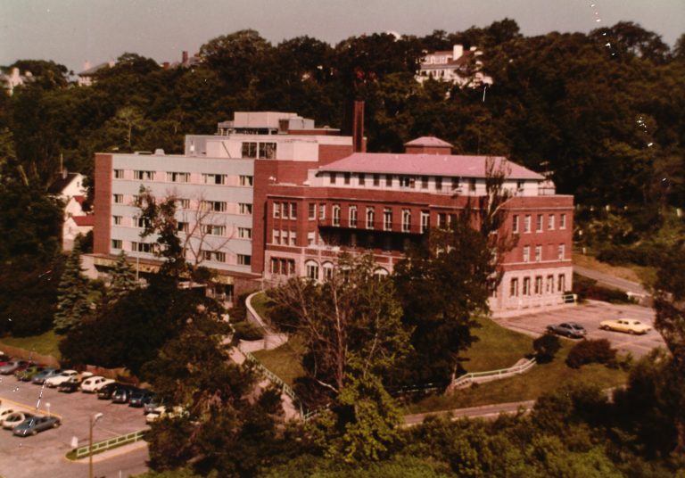 In this circa 1970s photo, the Lang Wing appears on the left and the 1928 Children's Hospital building is on the right.