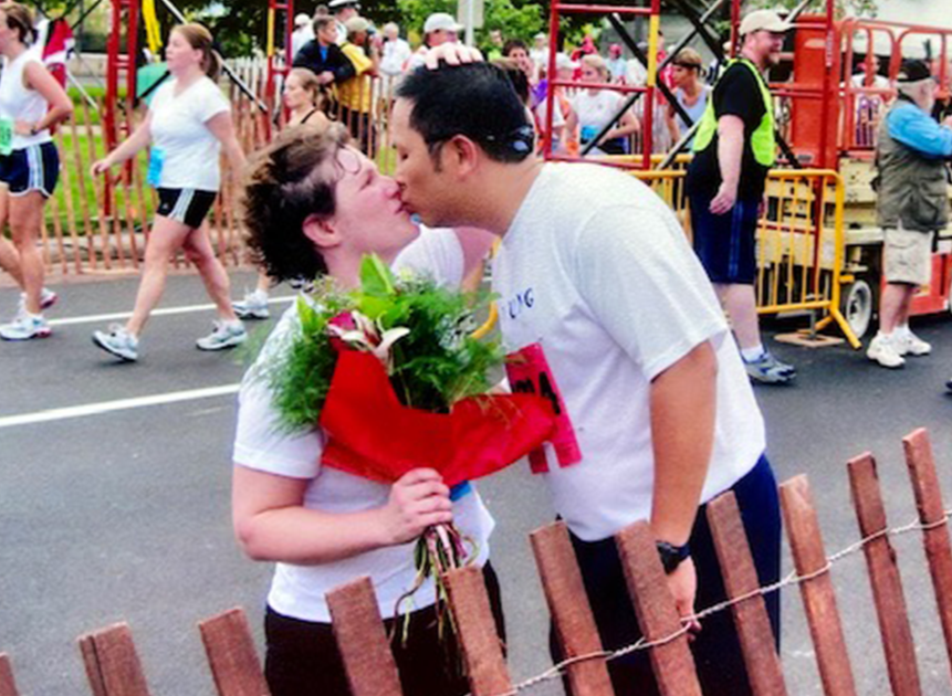 Natalie and Yung Lu in the 2005 Twin Cities 10-mile marathon after getting engaged.