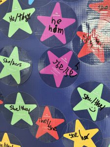 Close up of pronoun stickers.