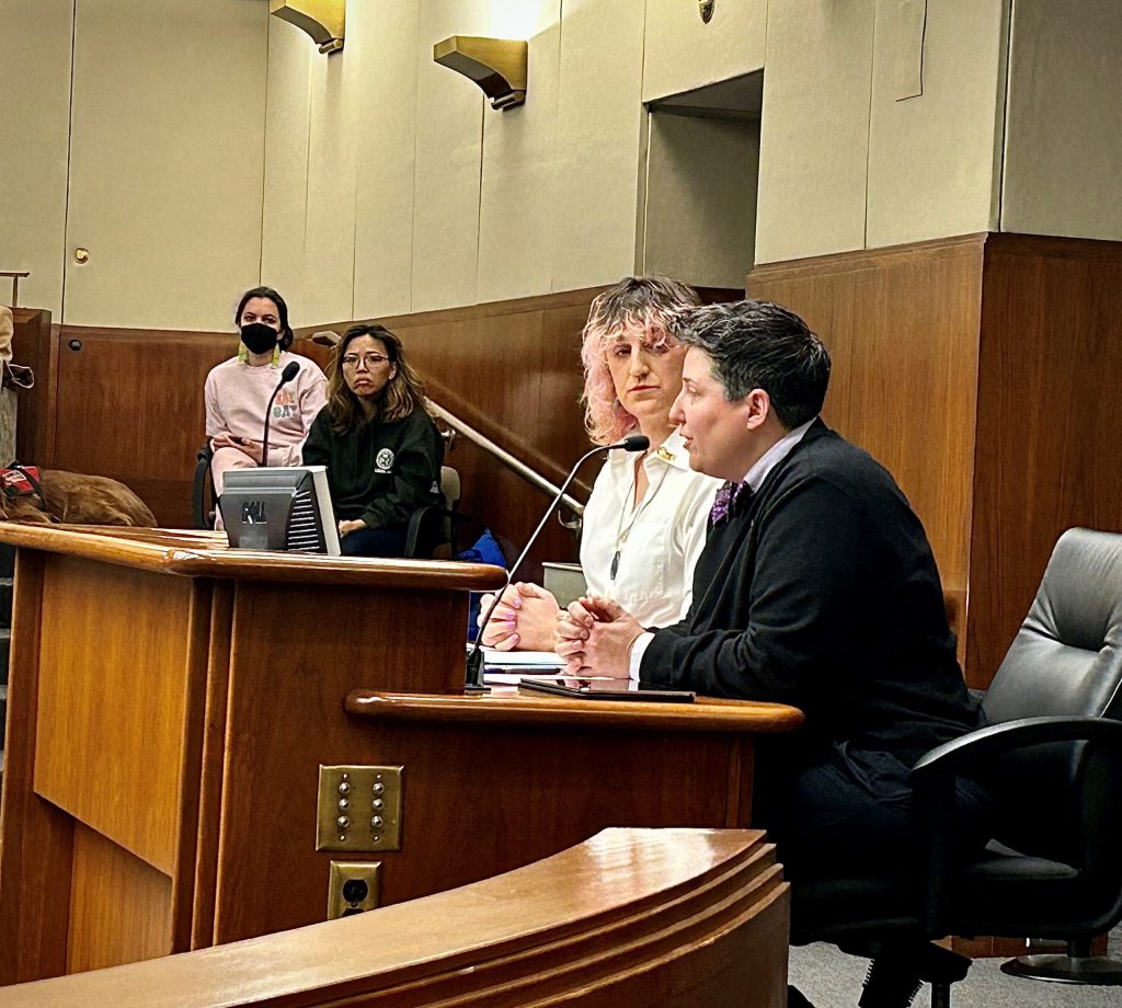 Dr. Kade Goepferd (right) testifies in favor of the Trans Refuge Bill.
