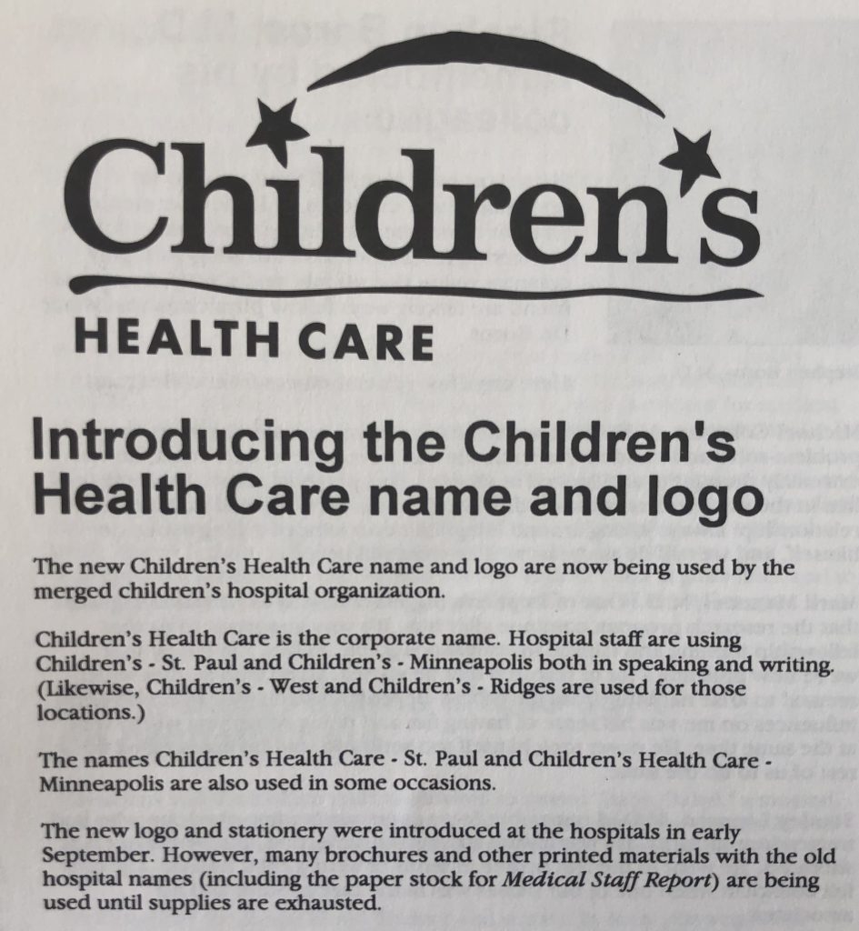 1990s article introducing the new name and logo for Children's Minnesota
