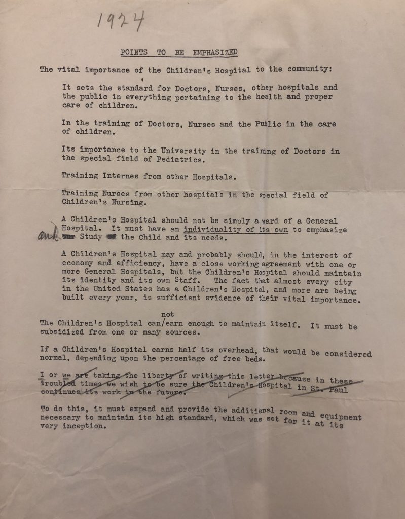 A 1924 document laying out the need for a pediatric hospital in St. Paul, Minnesota.