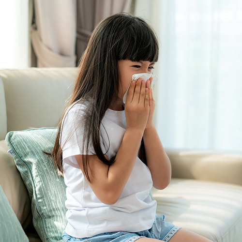 Asian girl blowing her nose at home from indoor allergies