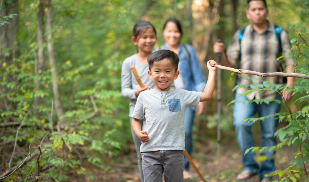 Family hiking through the forest