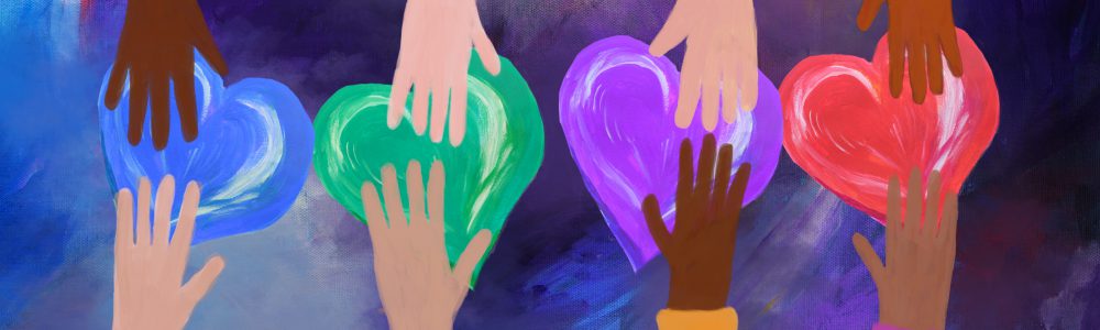Hands giving and receiving colorful hearts. Concept of love and care. friendship, charity and volunteering. Acrylic and Mixed media. My own work.