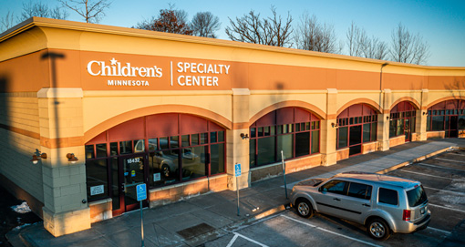 Aerial view of the front entrance of the Children's Minnesota Specialty Center Lakeville