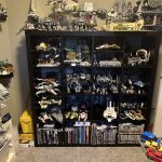 Henry's massive Lego collection in his home on a book shelf