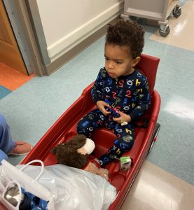 Leo sitting in a red wagon