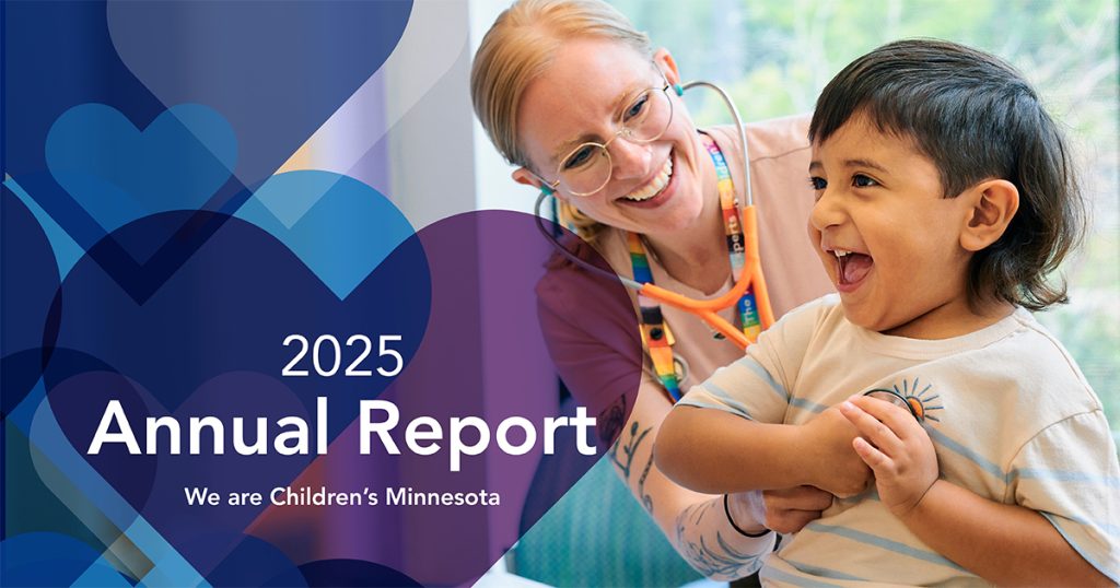 Annual report 2025 graphics, a healthcare provider checks a kids lungs with a stethoscope