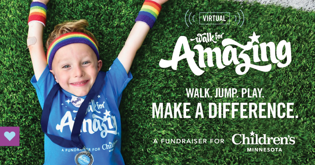 Children's Minnesota's Virtual Walk for Amazing logo with a child laying on grass smiling