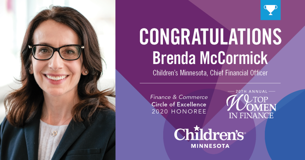 Children’s Minnesota CFO, Brenda McCormick, with a 2020 Top Women in Finance award logo