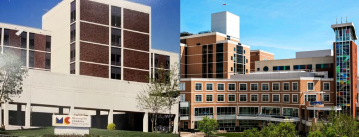 two images showing the Minneapolis campus building. The one on the left was taken in the 1970s and the one on the right taken in 2022.