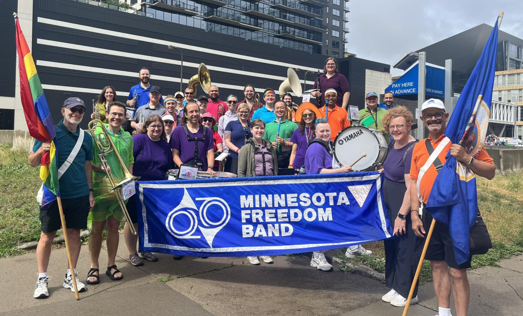 The Minnesota Freedom Band at the 2023 Twin Cities Pride celebration. I’m in the back left, one of two tuba players.