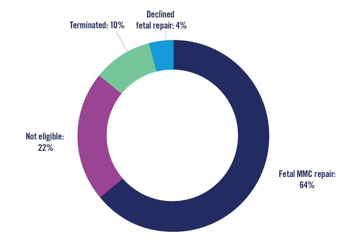pie chart. Fetal MMC repair: 64%, Not eligible: 22%, Terminated: 10%, Declined fetal repair: 4%