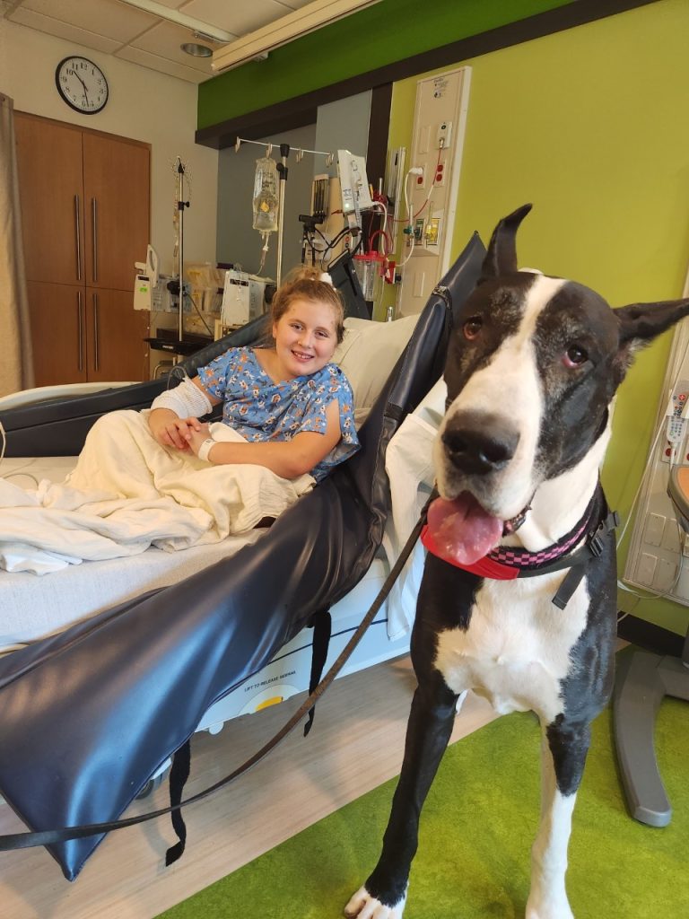 Nora in the her hospital bed with a volunteer dog next to her