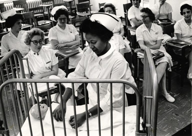 Lois Young, director of Inservice Education at Children’s Hospital, St. Paul, teaching procedures to new nurses in 1964.