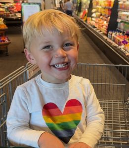 Ollie sitting in a grocery cart at the store