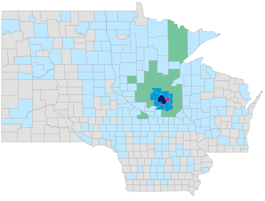 A map showing counties in North Dakota, South Dakota, Minnesota, Iowa and Wisconsin. The counties with the most visits are in and around the Twin Cities metro.