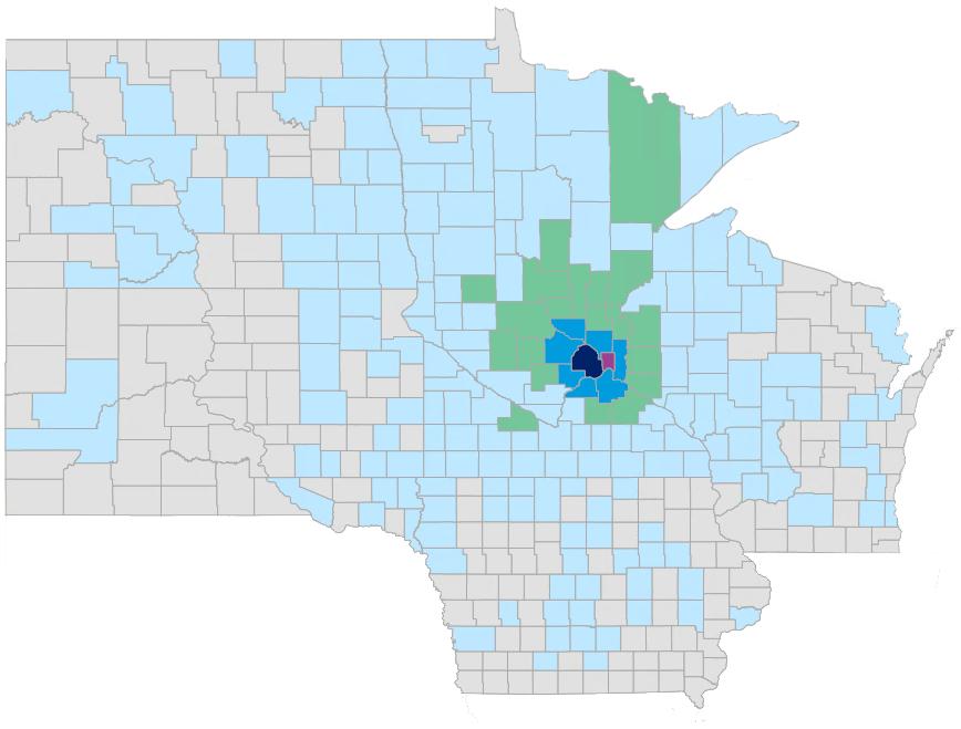 A map showing counties in North Dakota, South Dakota, Minnesota, Iowa and Wisconsin. The counties with the most visits are in and around the Twin Cities metro.