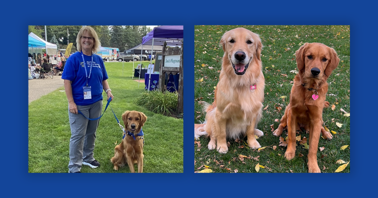 The image shows two photos. One photo is of Mary Drazan with therapy dog Millie. The second photo shows both Maggie and Millie.
