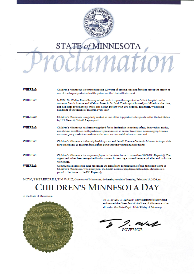 Children's Minnesota Day proclamation from Governor Tim Walz