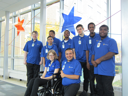 Project SEARCH interns in the skyway in Minneapolis smiling for the camera