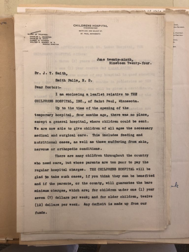 The 1924 letter from Children's Minnesota founder Dr. Walter Ramsey requesting referrals from another doctor.