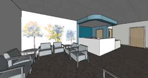 The image is a rendering of the waiting area for the Roseville Partial Hospitalization program