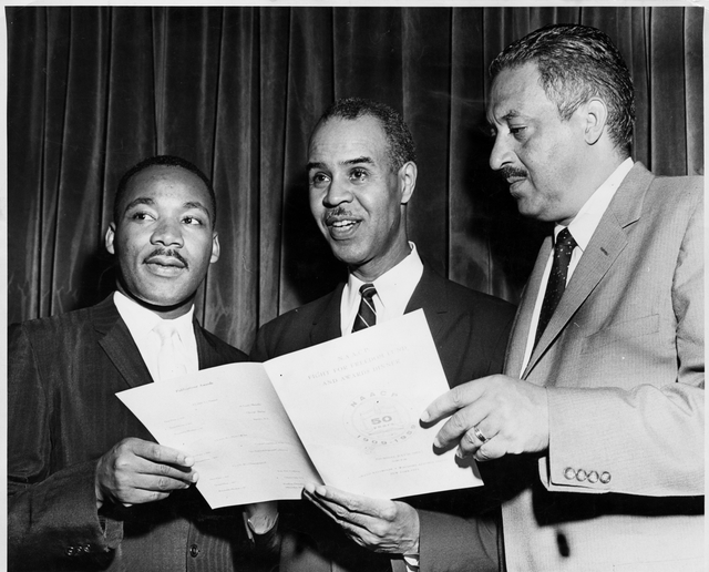 Photo of Roy Wilkins (center) with Martin Luther King and Thurgood Marshall, 1959.