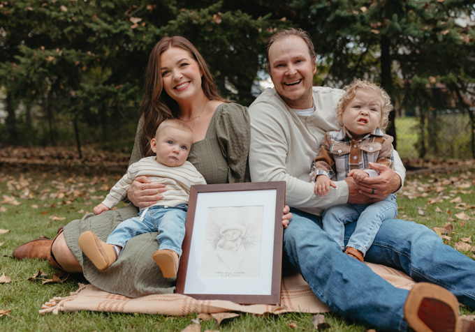 Family sitting on blanket outside